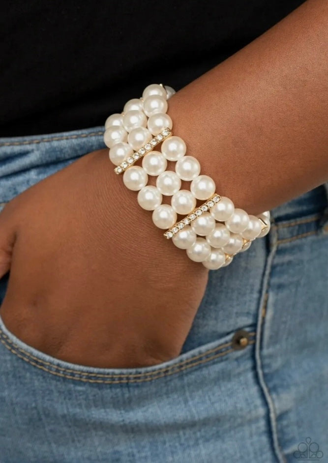 Elegant Multi-Strand Pearl Bracelet with Rhinestone Accents | Statement Pearl Jewelry