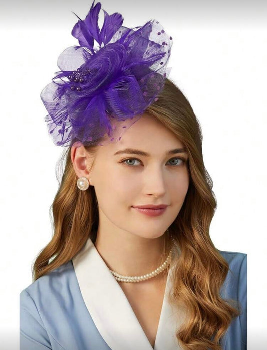 Purple Fascinator Hat for Women – Elegant Feather & Mesh Derby, Church & Wedding Headpiece
