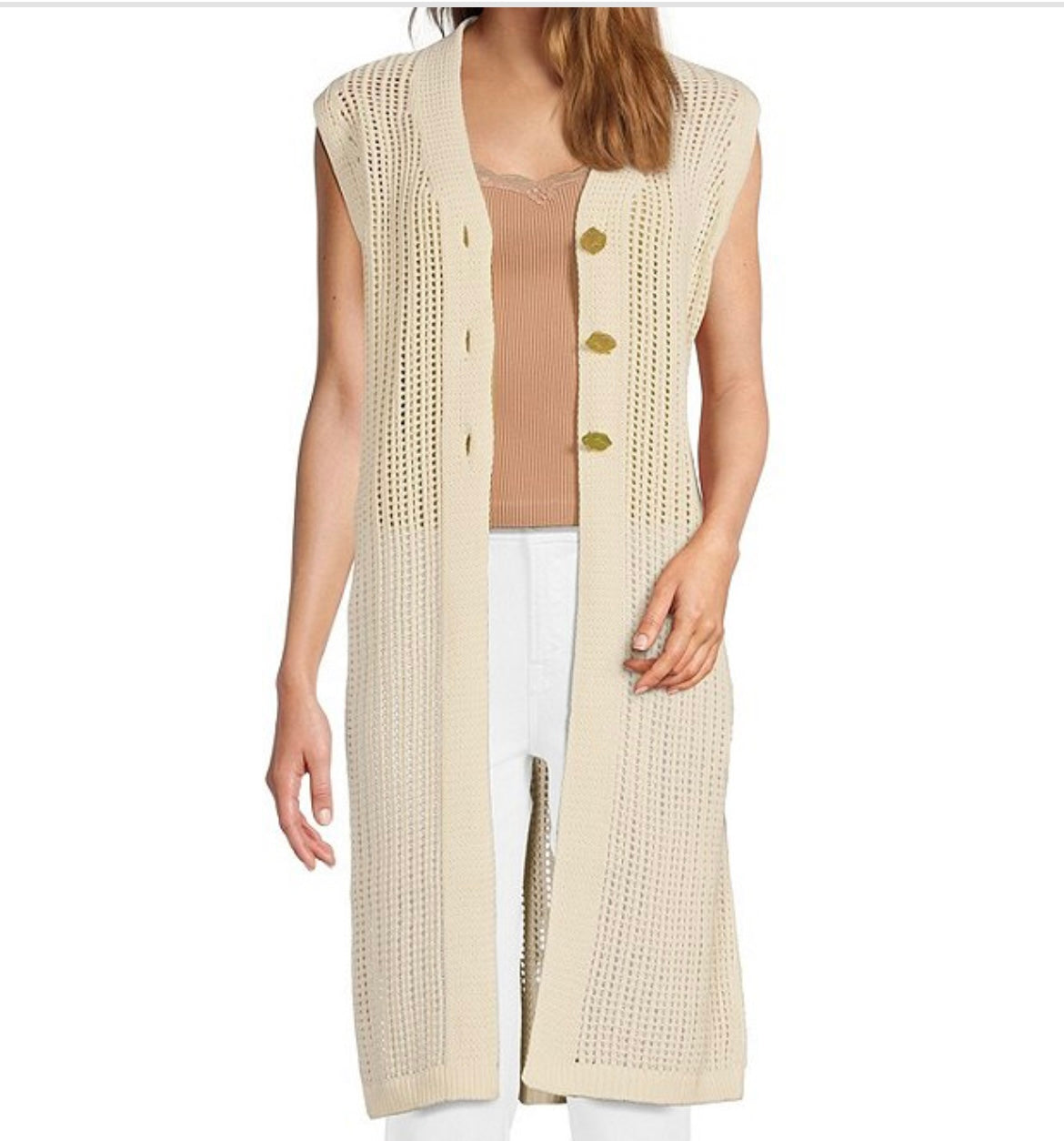 Beige Crochet Longline Sleeveless Cardigan Vest Duster with Button Front