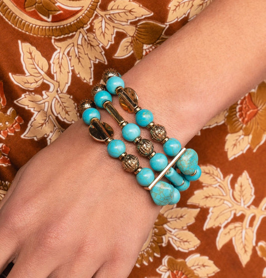 Turquoise Statement Stretch Bracelet Set for Women | Boho Gold Beaded Layered Bracelet |Fashion Jewelry