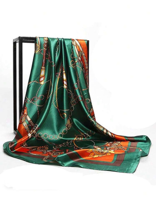 Chain Link Print Satin Scarf - Green