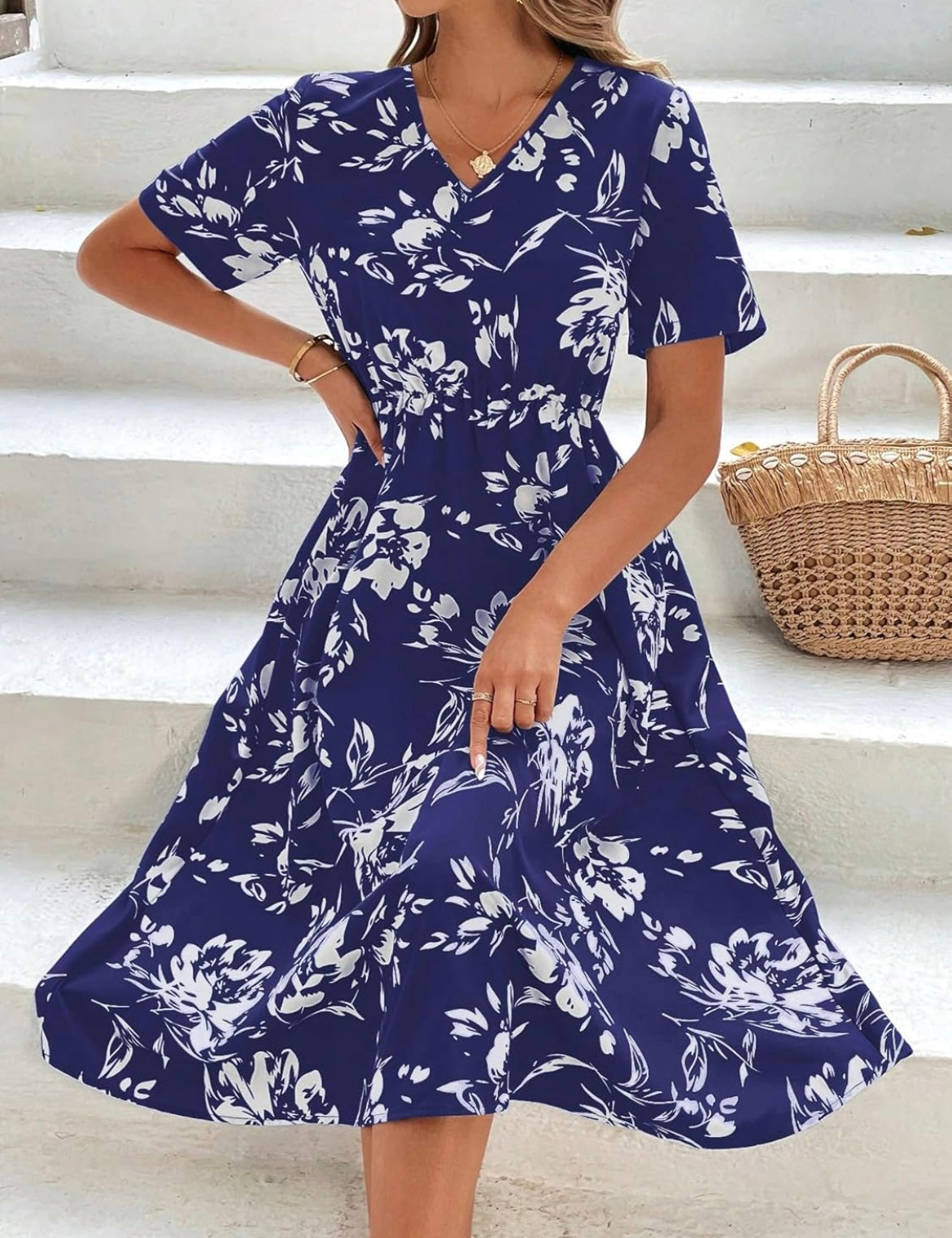 Floral V-Neck Dress - Blue