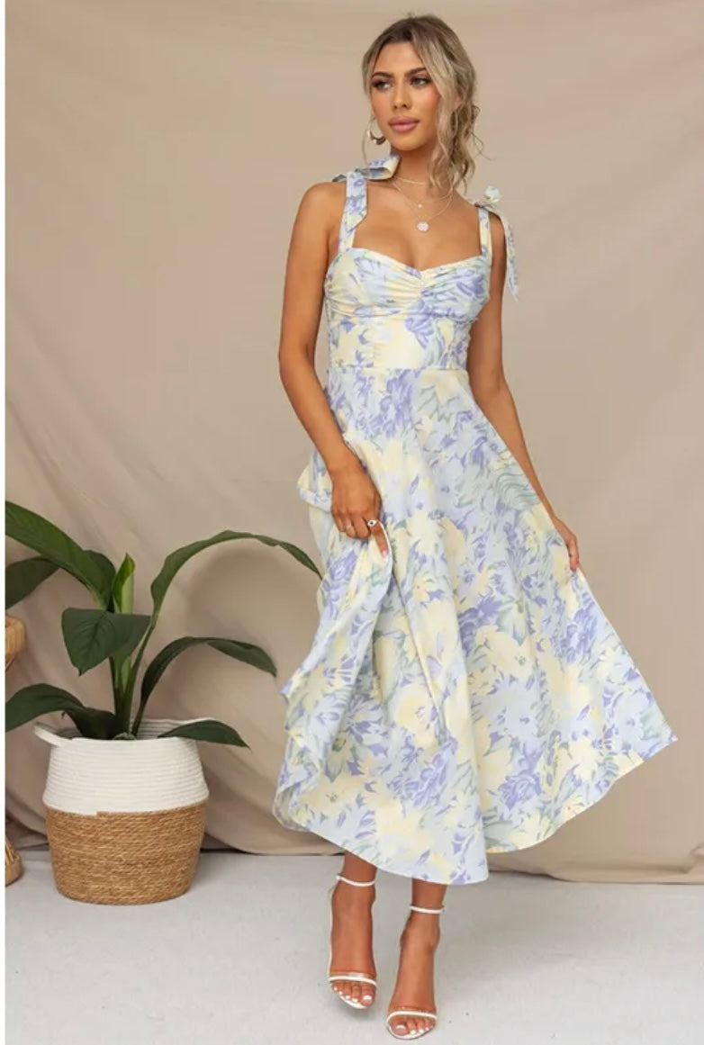 Floral Shoulder Tie Midi Sundress- Blue Yellow