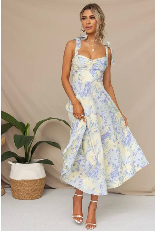 Floral Shoulder Tie Midi Sundress- Blue Yellow
