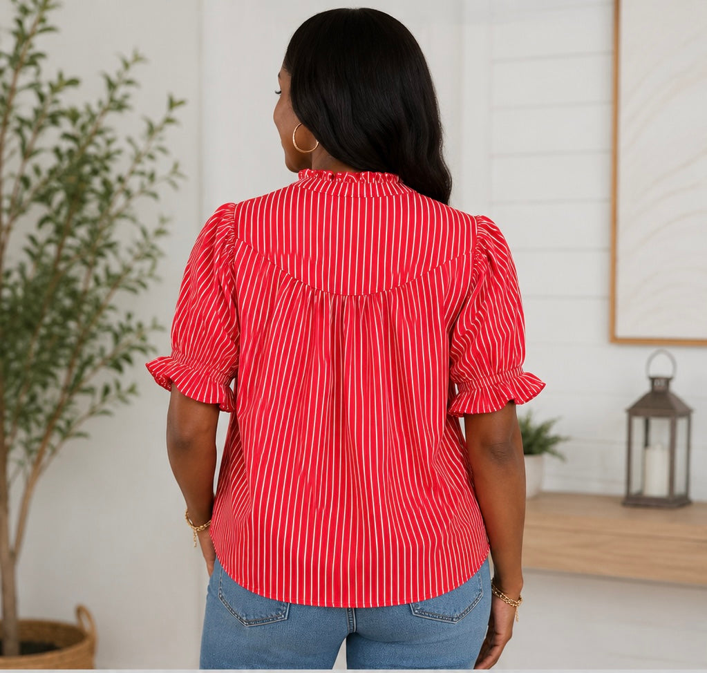 Women's Red & White Striped Ruffle Sleeve Blouse | Chic Mandarin Collar Button Front Top