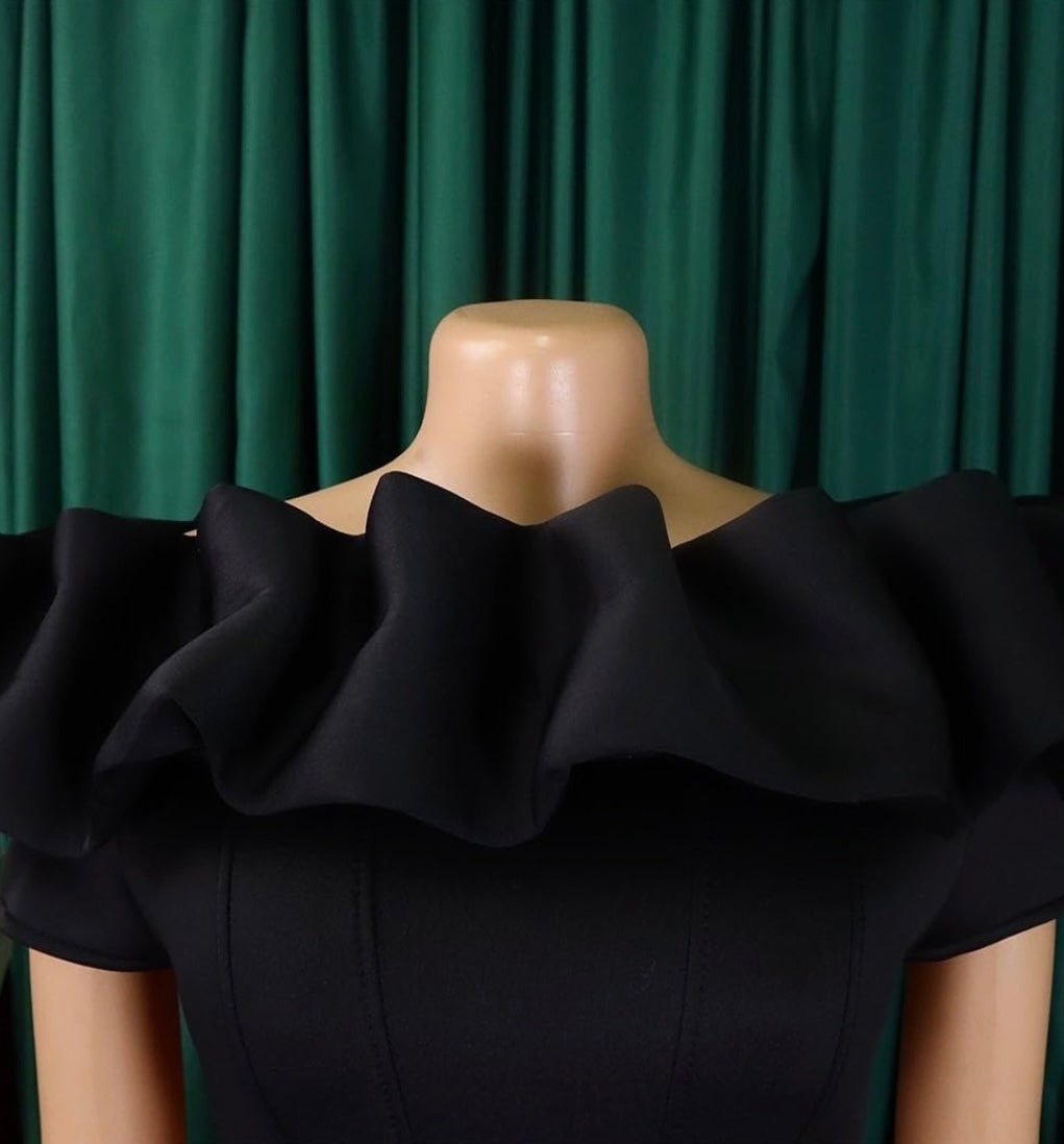 Ruffle Trim Neckline Formal Dress - Black