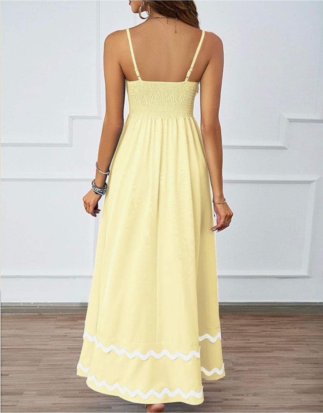 White Wavy Trim Maxi Sundress - Yellow