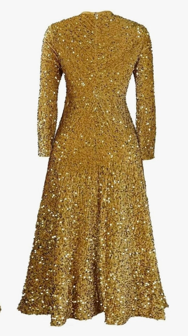 Golden Sequin Midi Dress – Long Sleeve Fit & Flare Statement Dress