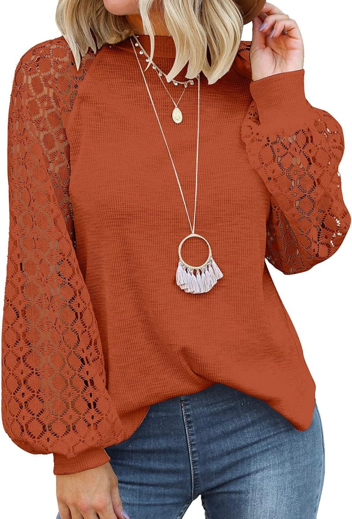 Rust Lace Sleeve Knit Blouse - Chic Casual Women’s Top