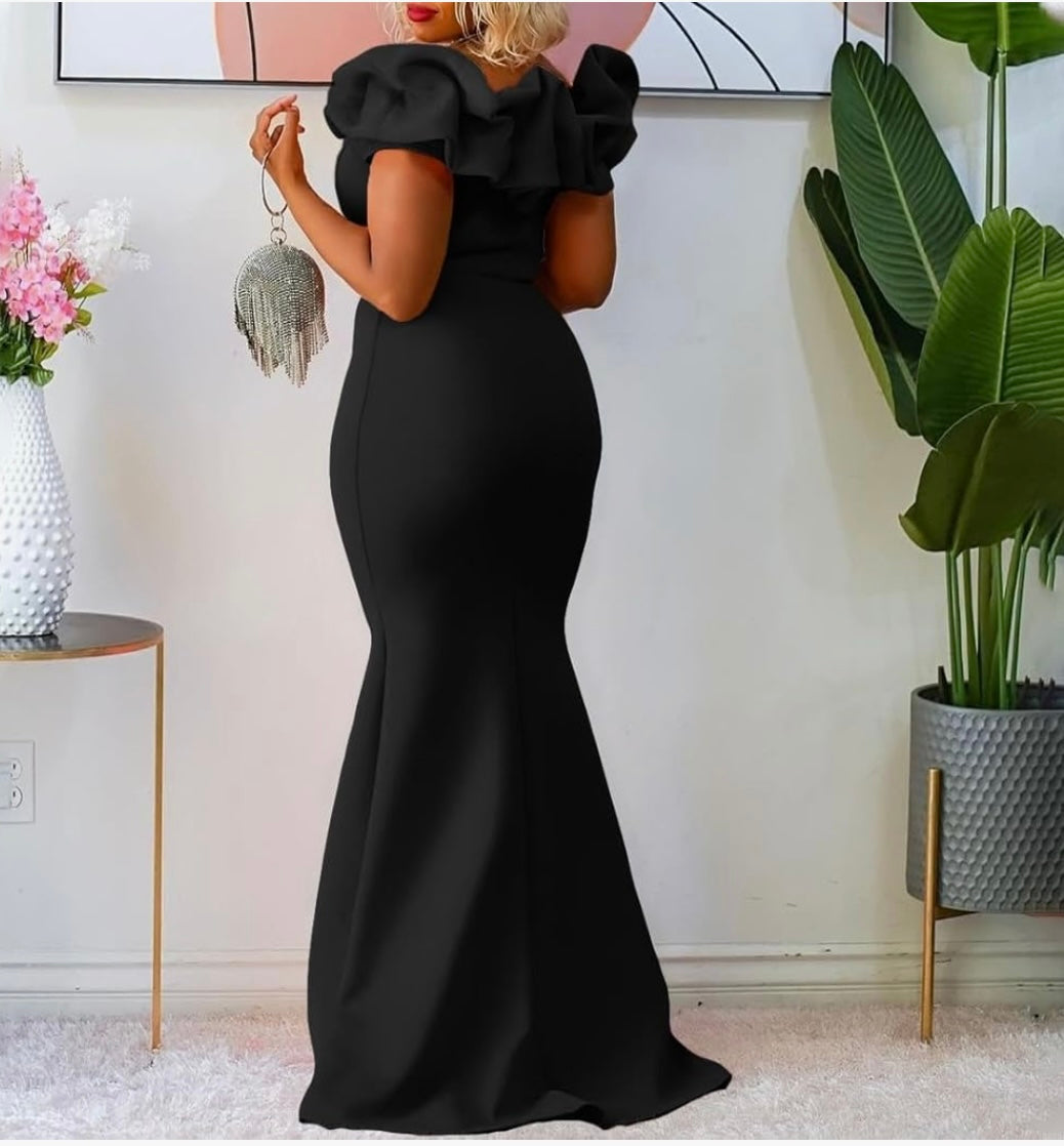 Ruffle Trim Neckline Formal Dress - Black