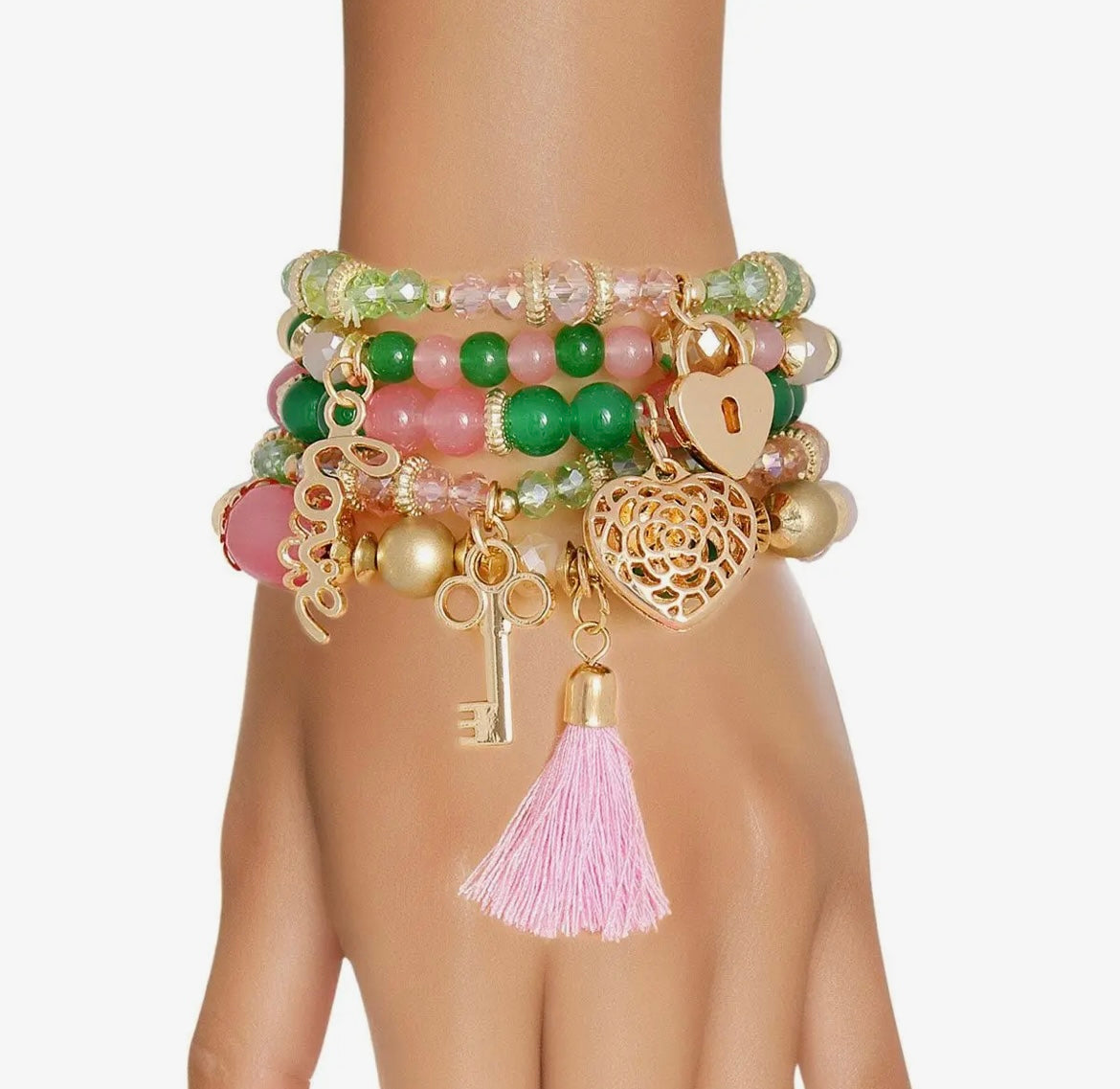 Pink & Green Charm Beaded Bracelet Set | Women’s Stretch Stack Bracelets | 5-Piece Bracelet Collection