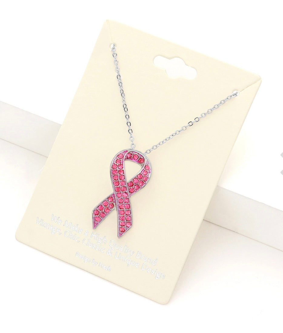Pink Crystal Ribbon Necklace – Breast Cancer Awareness Jewelry