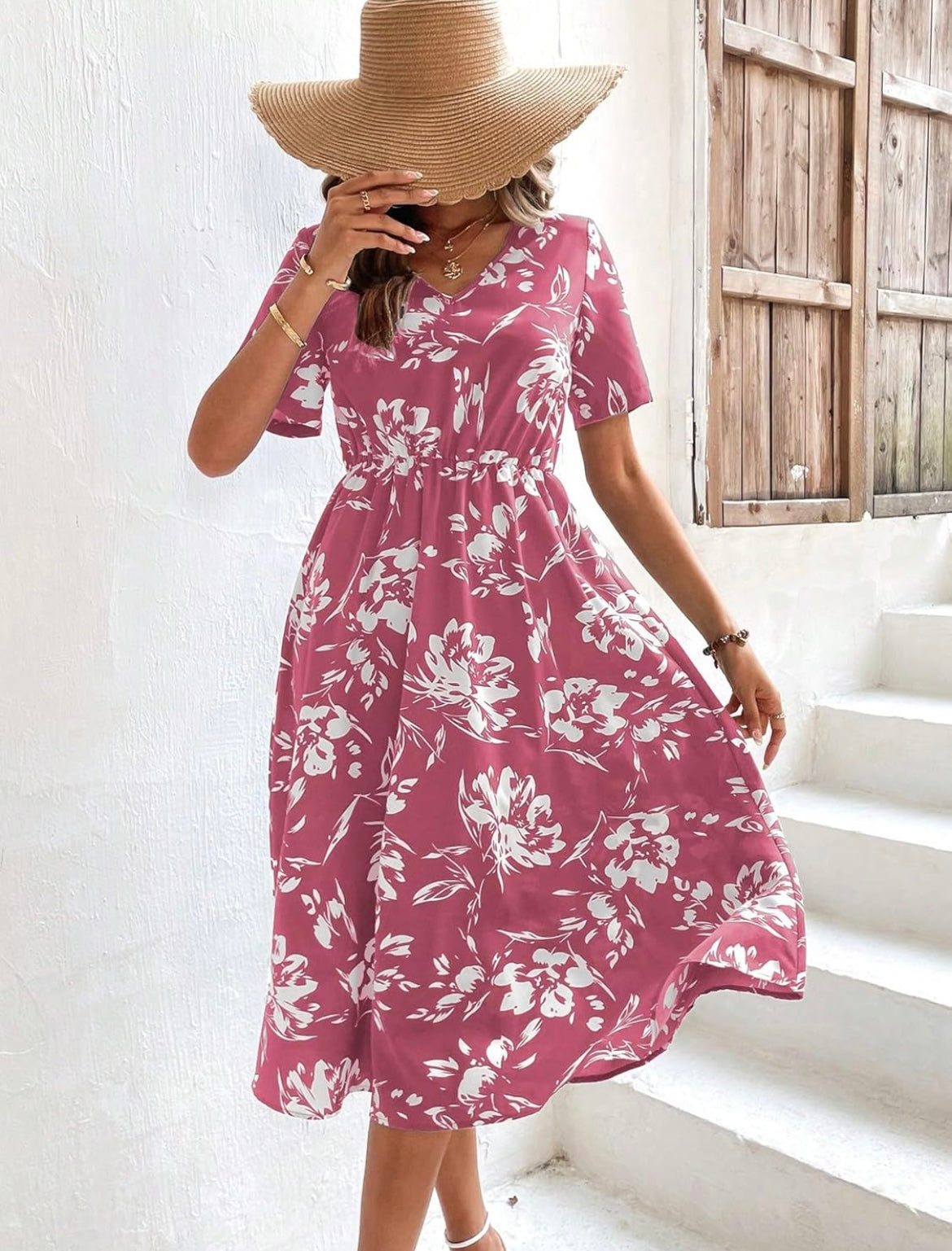 Floral V-Neck Short Sleeve Dress -Pink