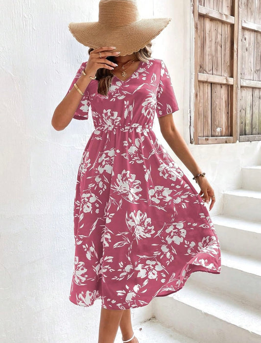 Floral V-Neck Short Sleeve Dress -Pink