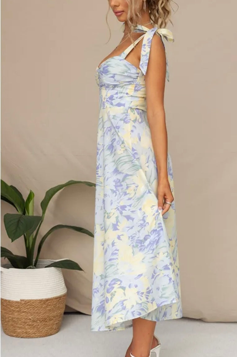 Floral Shoulder Tie Midi Sundress- Blue Yellow