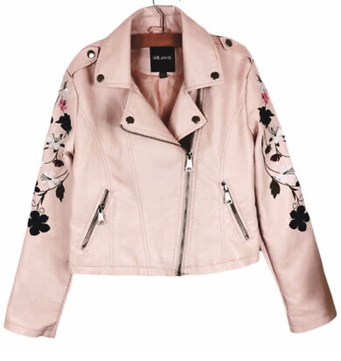 Floral Embroidered Leather Jacket - Pink