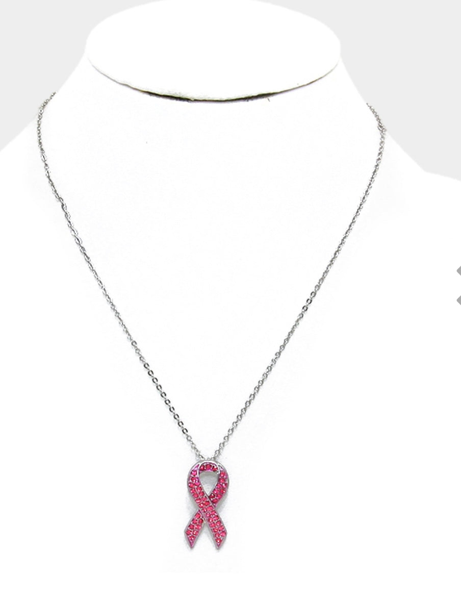 Pink Crystal Ribbon Necklace – Breast Cancer Awareness Jewelry