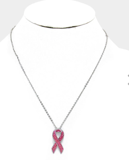 Pink Crystal Ribbon Necklace – Breast Cancer Awareness Jewelry