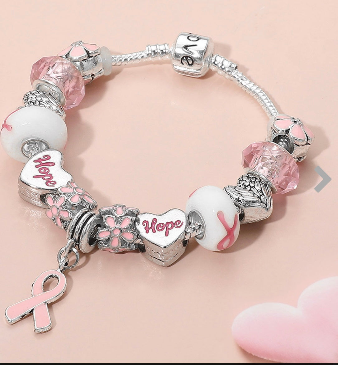 Breast Cancer Awareness “Hope & Strength” Charm Bracelet – Pink Ribbon Beaded Silver Chain