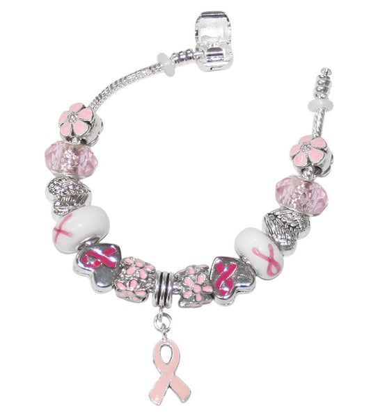 Breast Cancer Awareness “Hope & Strength” Charm Bracelet – Pink Ribbon Beaded Silver Chain