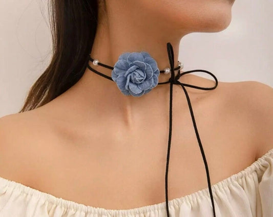 Rose Bud Necklace- Blue Denim