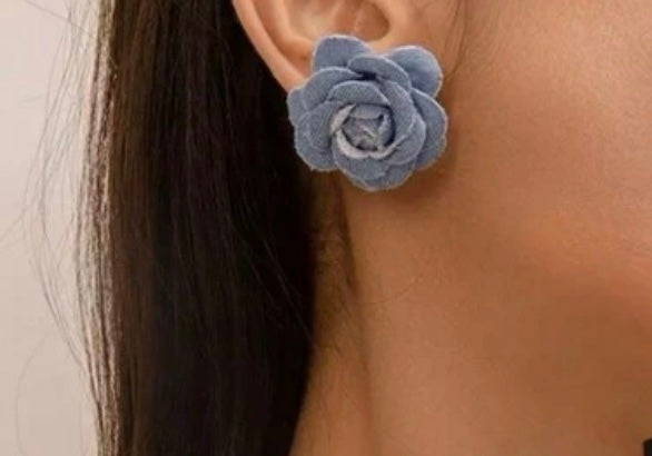 Denim Rose Bud Earrings - Blue