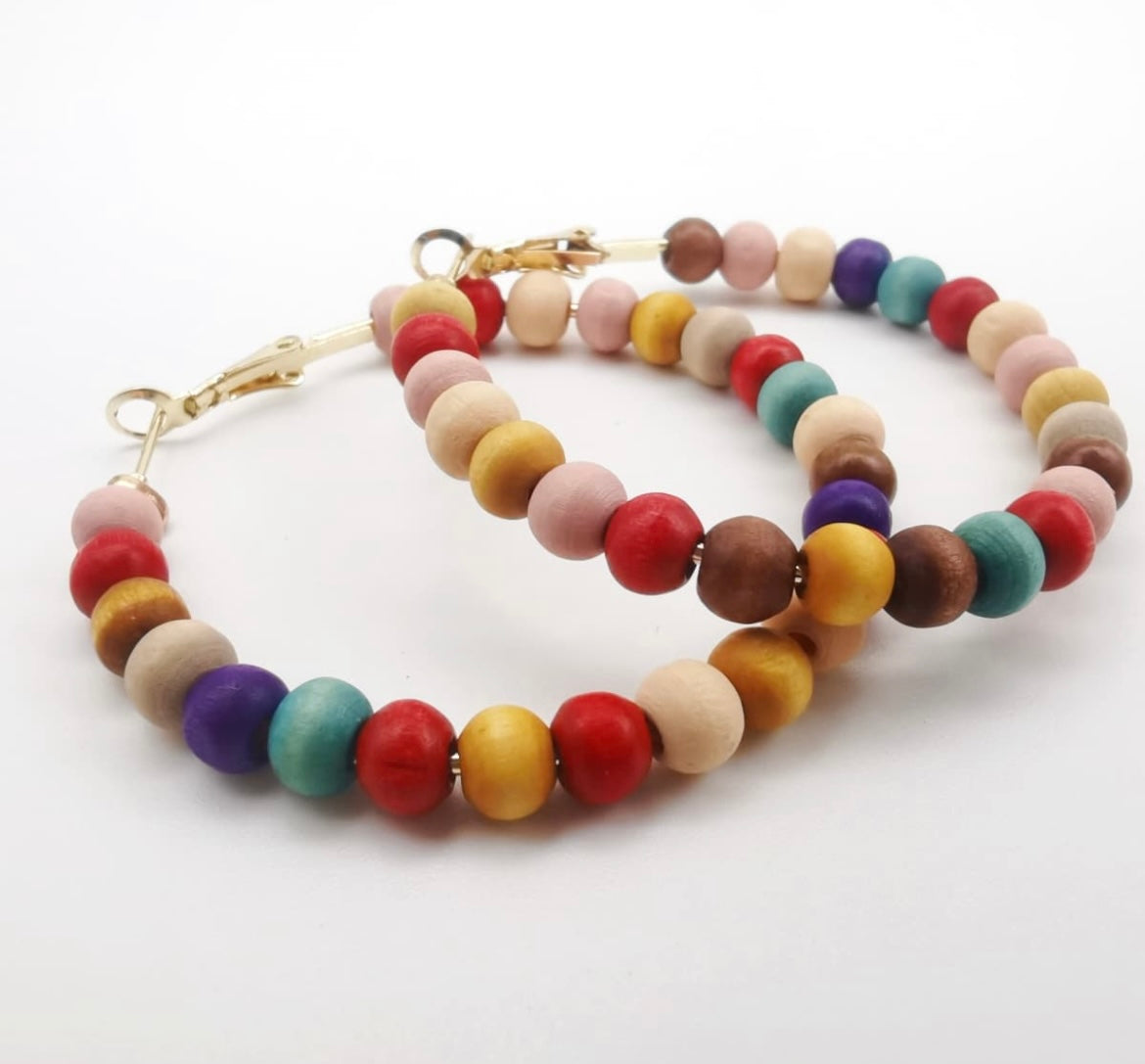Colorful Wooden Beaded Hoop Earrings – Boho Statement Jewelry