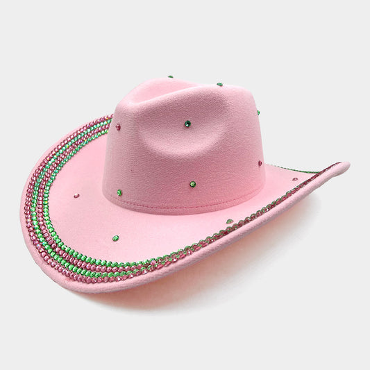 Rhinestone Trim Cowboy Hat- Pink and Green