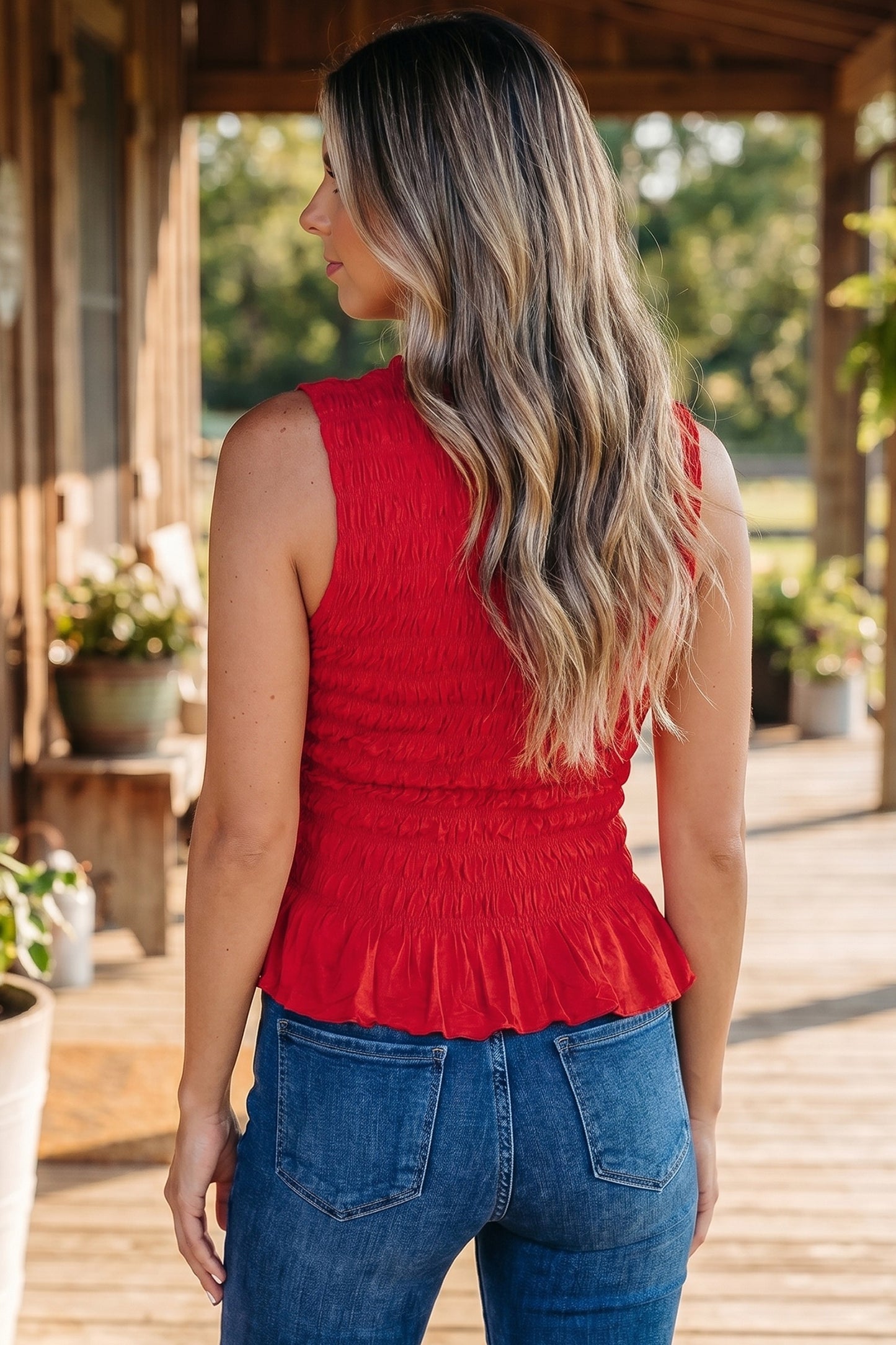 Women’s Red Smocked Peplum Tank Top | Sleeveless Stretch Blouse