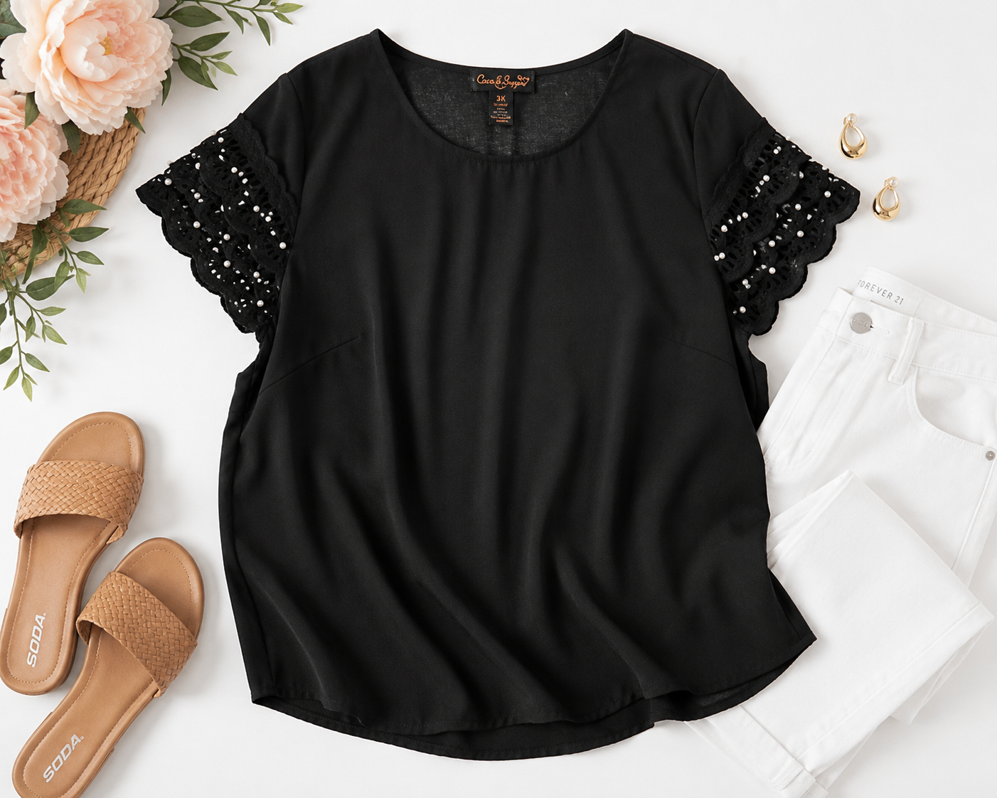Plus Size Black Pearl Sleeve Blouse for Women | Elegant Dressy Casual Top