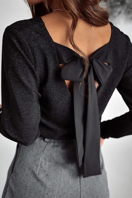 Black Sparkle V-Neck Top with Statement Back Bow – Chic Long Sleeve Glitter Blouse for Women