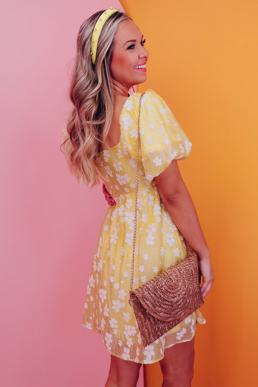 Floral Print Jacquard Dress - Yellow