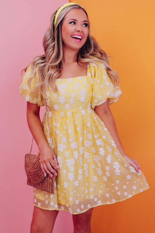 Floral Print Jacquard Dress - Yellow