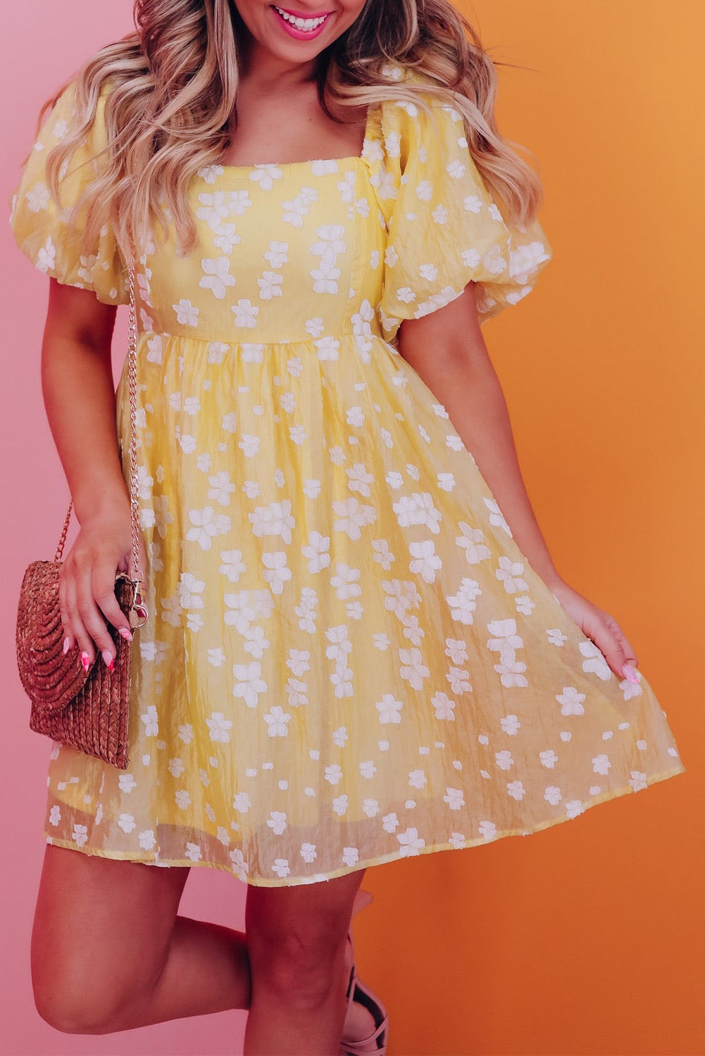 Floral Print Jacquard Dress - Yellow