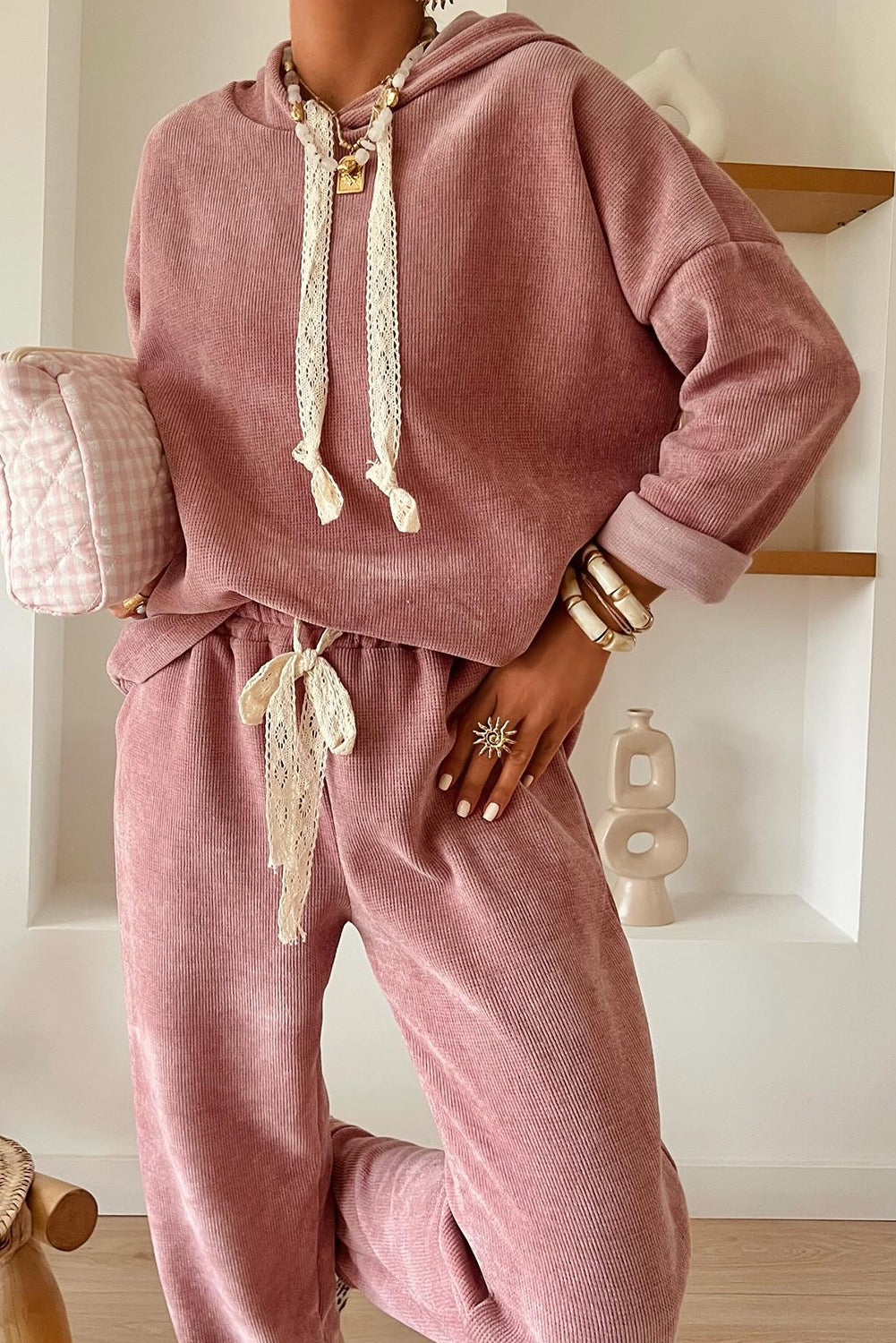 Dusty Rose Cozy Corded Two-Piece Set with Lace Detail (Pre-Order)