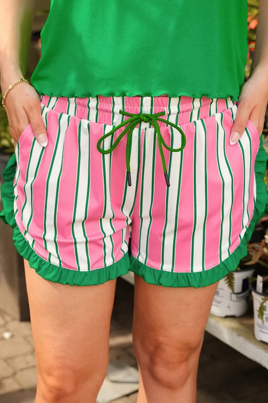 Preppy Pink & Green Striped Ruffle Lounge Shorts