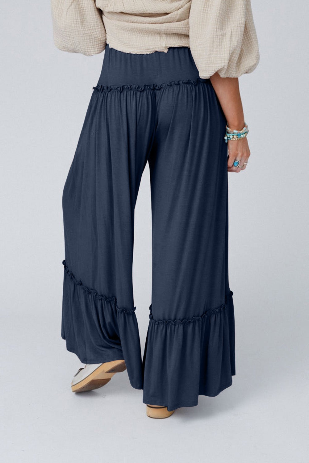 Boho Ruffle Tiered Wide-Leg Pants – Navy Flowy Pants