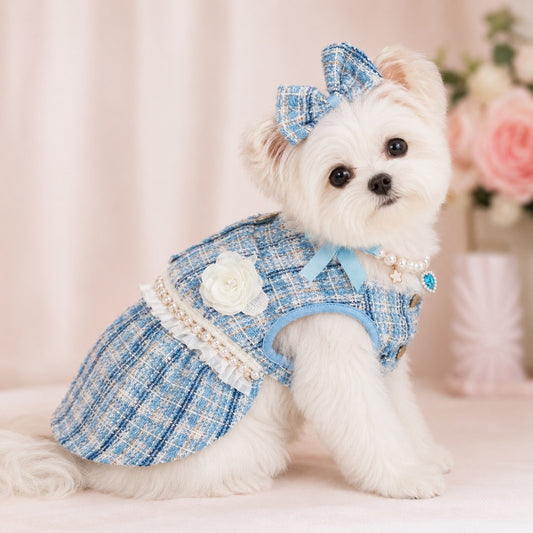 Blue Tweed Pearl Dog Dress with Matching Bow | Luxury Boutique Puppy Dress for  Dogs
