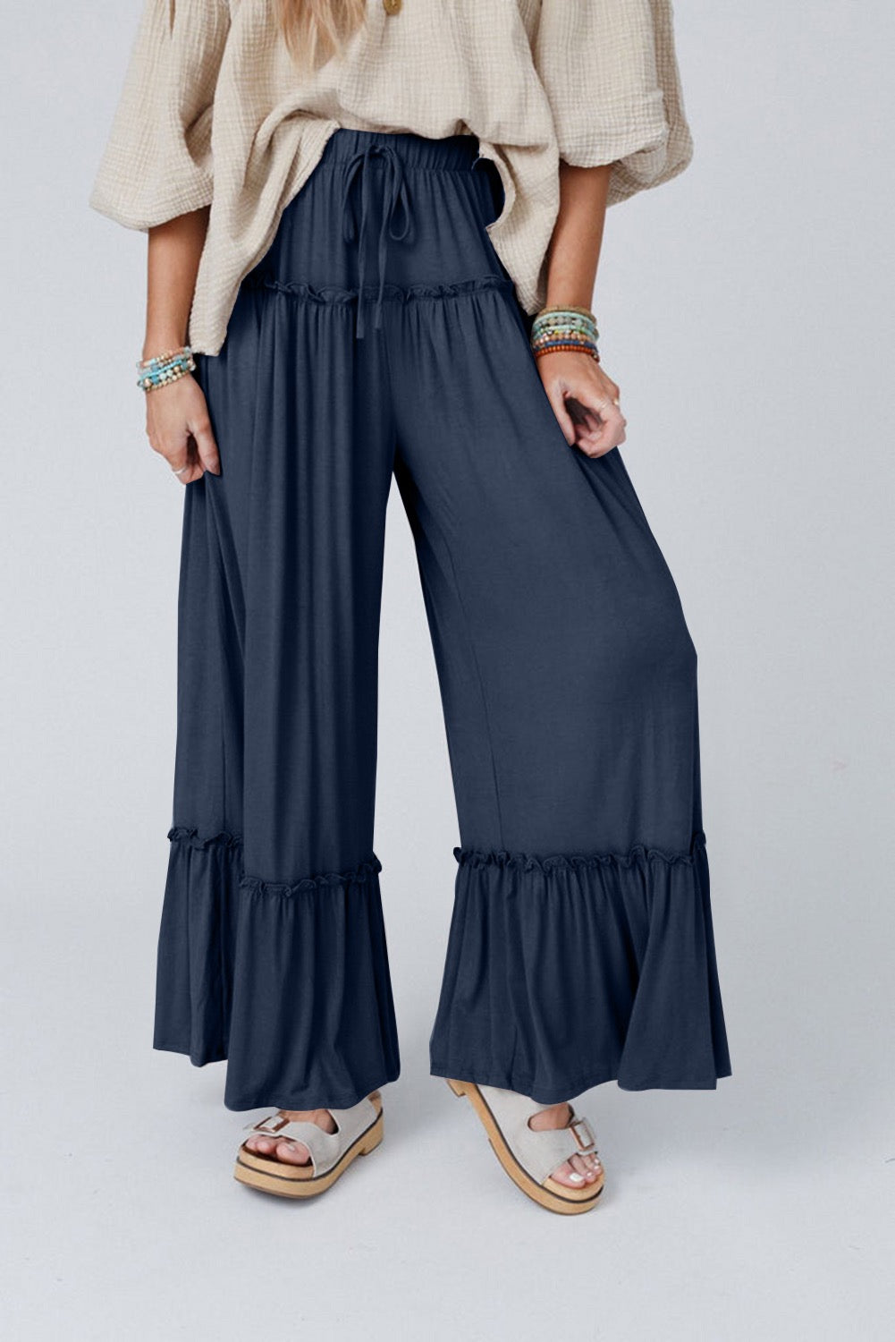 Boho Ruffle Tiered Wide-Leg Pants – Navy Flowy Pants