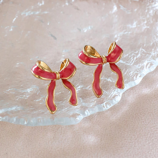 Elegant Red Enamel Bow Stud Earrings – Gold Trim