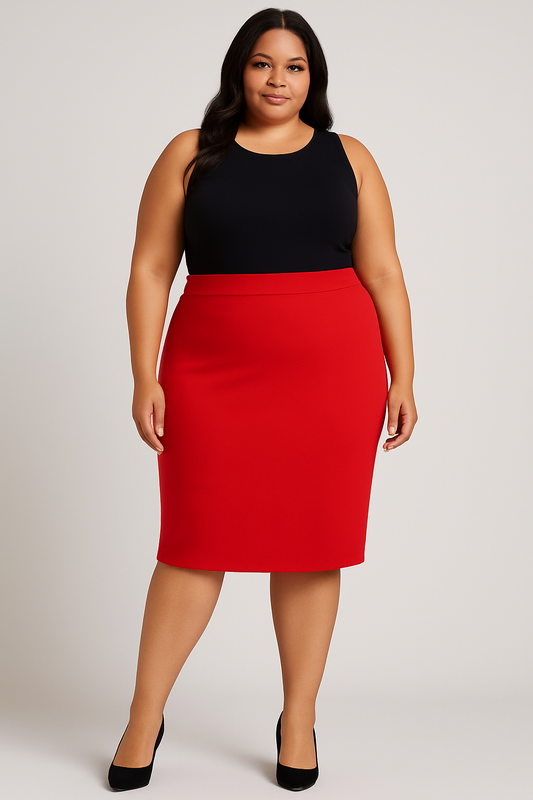 Red High-Waist Waistband Midi Skirt — Sleek Curvy Fit