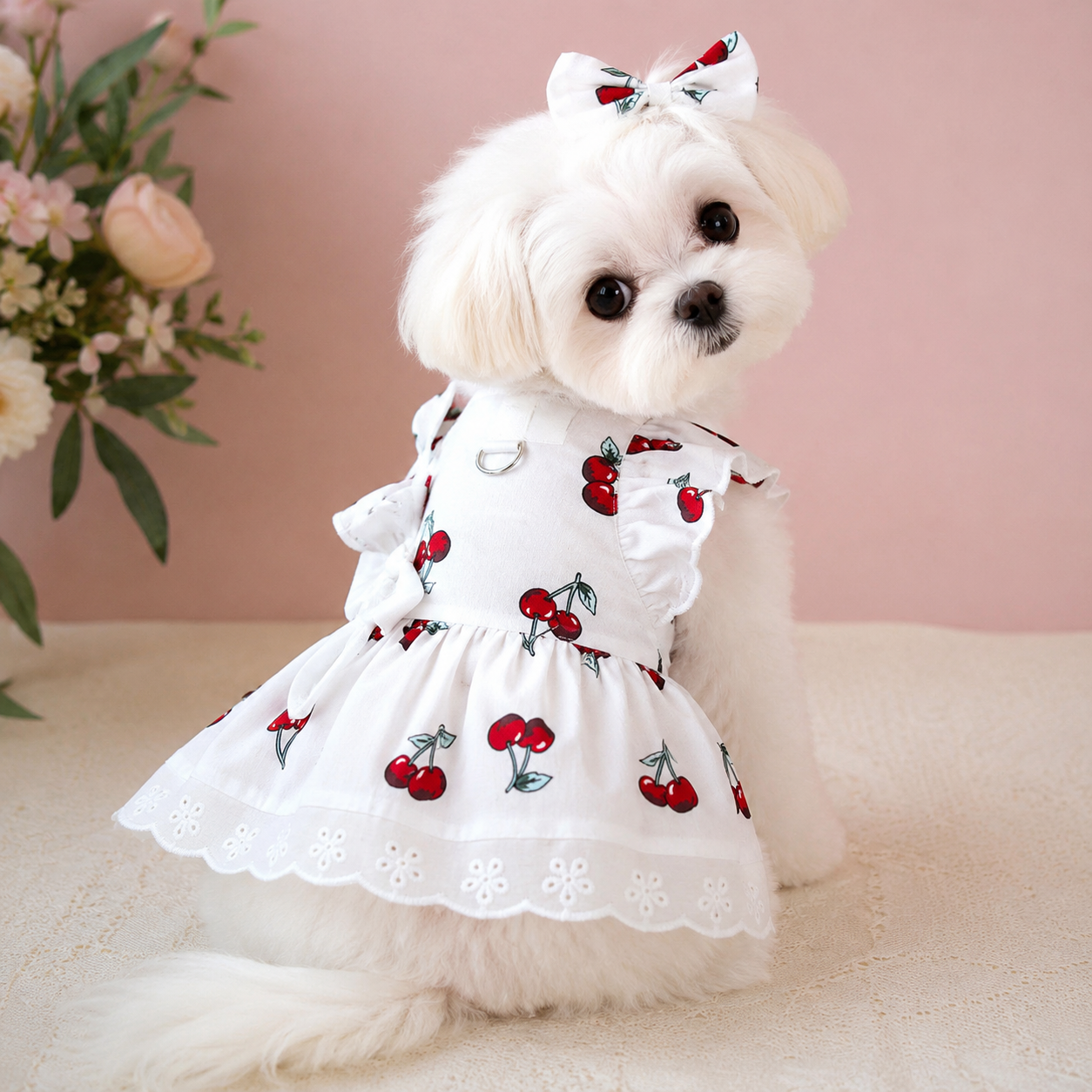 Cherry Blossom Dog Dress with Matching Bow |
