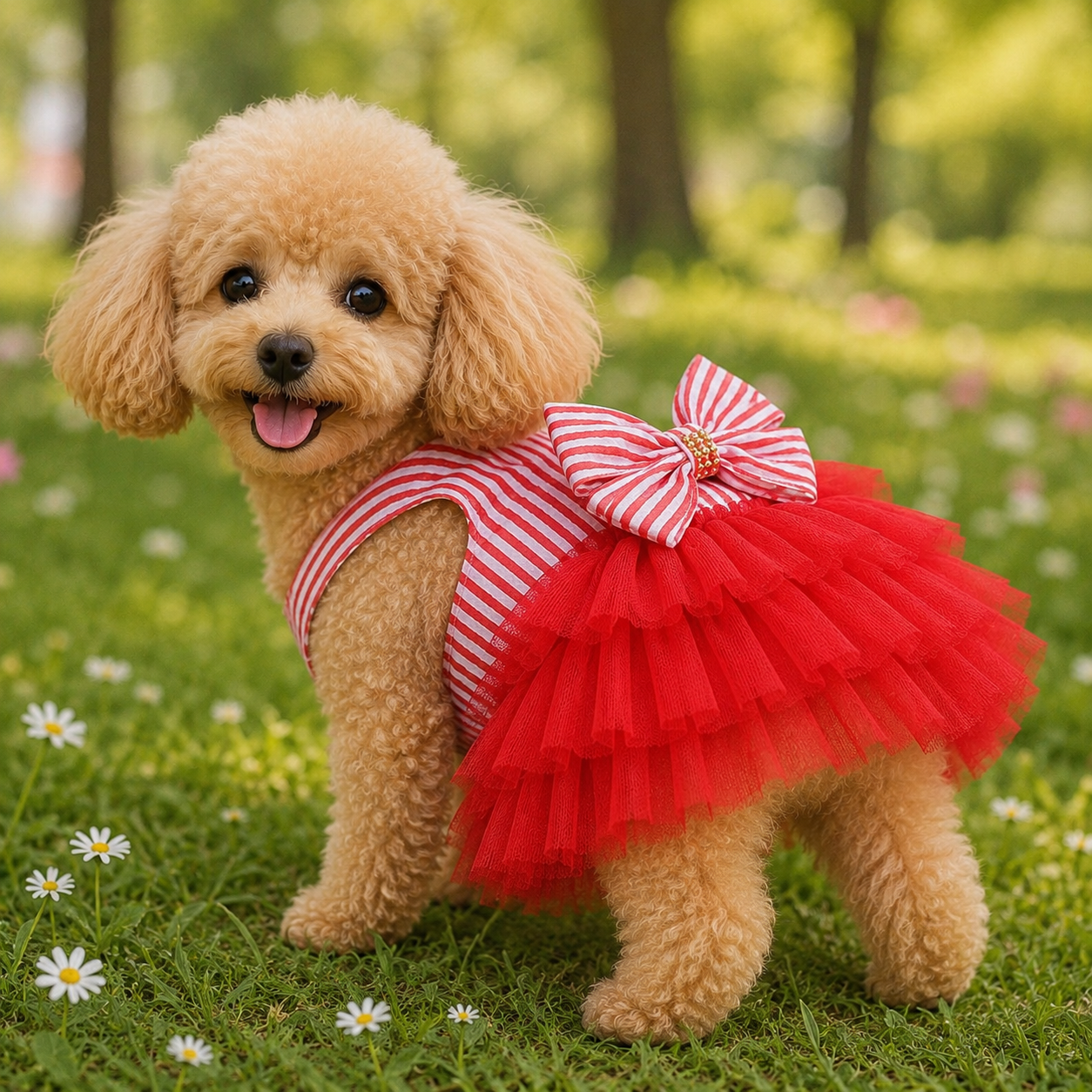 Red Striped Seersucker Tutu Dog Dress with Bow | Cute Small Dog Party Dress for Dog