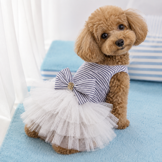 Blue Striped Tulle Dog Dress with Bow | Small Dog Princess Dress |