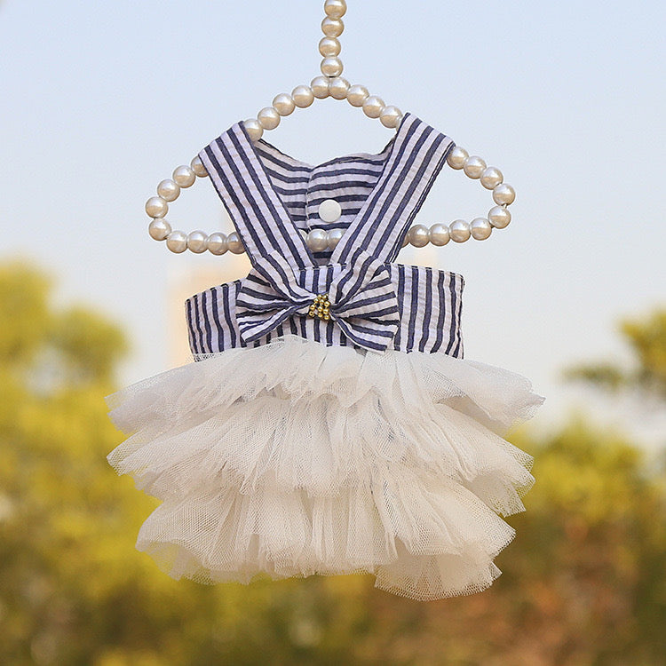 Blue Striped Tulle Dog Dress with Bow | Small Dog Princess Dress |