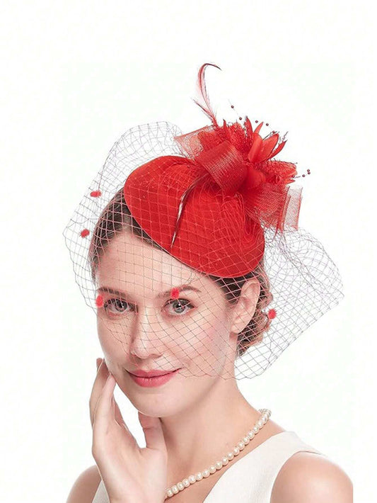 Mesh Floral Fascinator Hat - Red