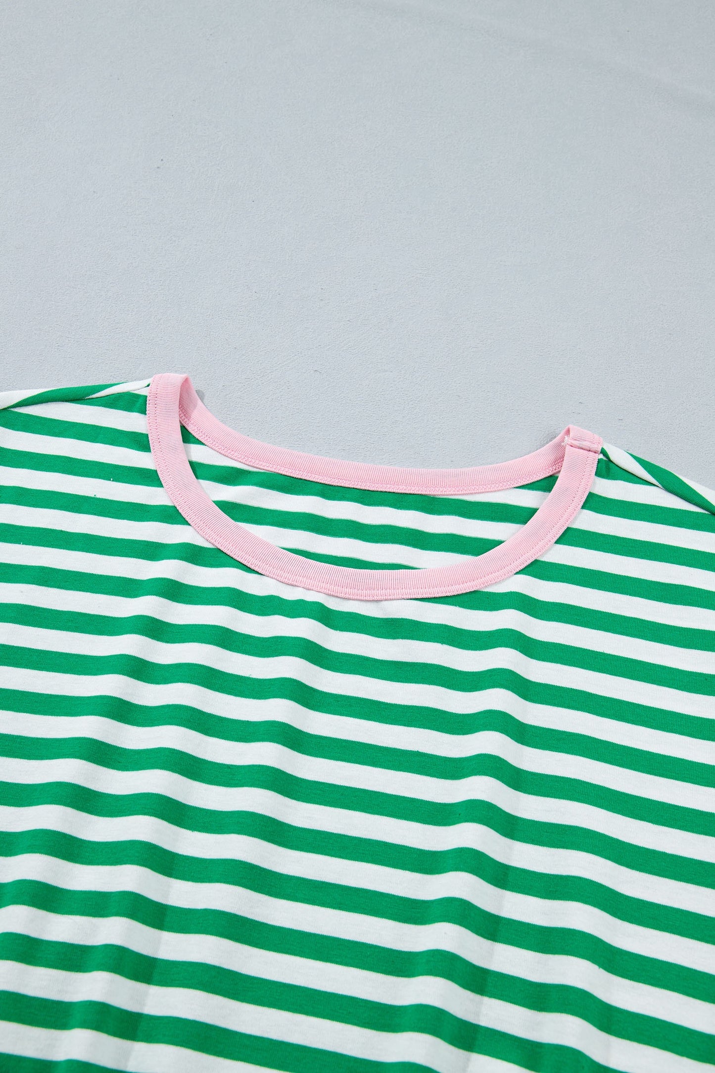 Green and White Striped Tie Waist T-Shirt Dress for Women | Casual Pink Trim Summer Mini Dress