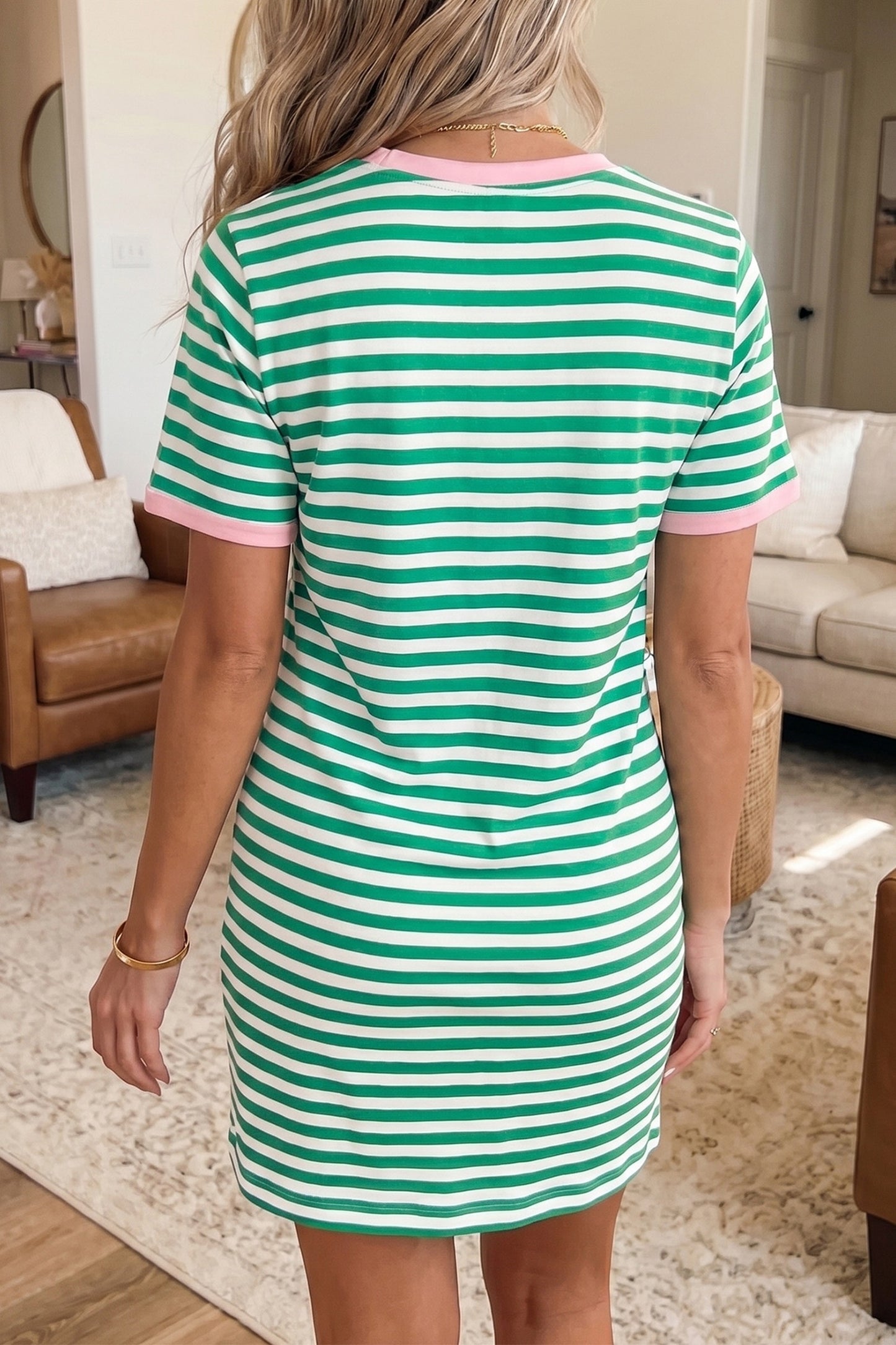 Green and White Striped Tie Waist T-Shirt Dress for Women | Casual Pink Trim Summer Mini Dress