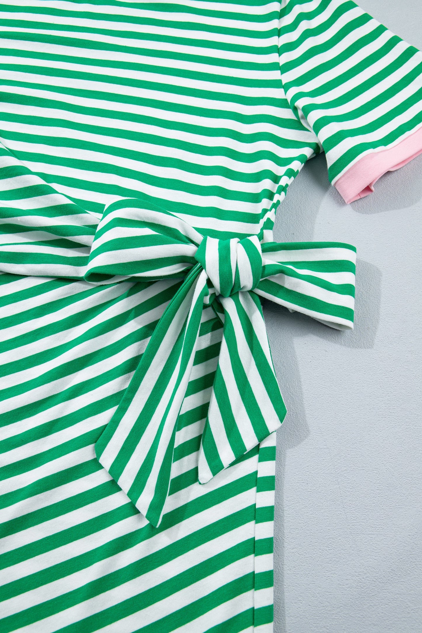 Green and White Striped Tie Waist T-Shirt Dress for Women | Casual Pink Trim Summer Mini Dress