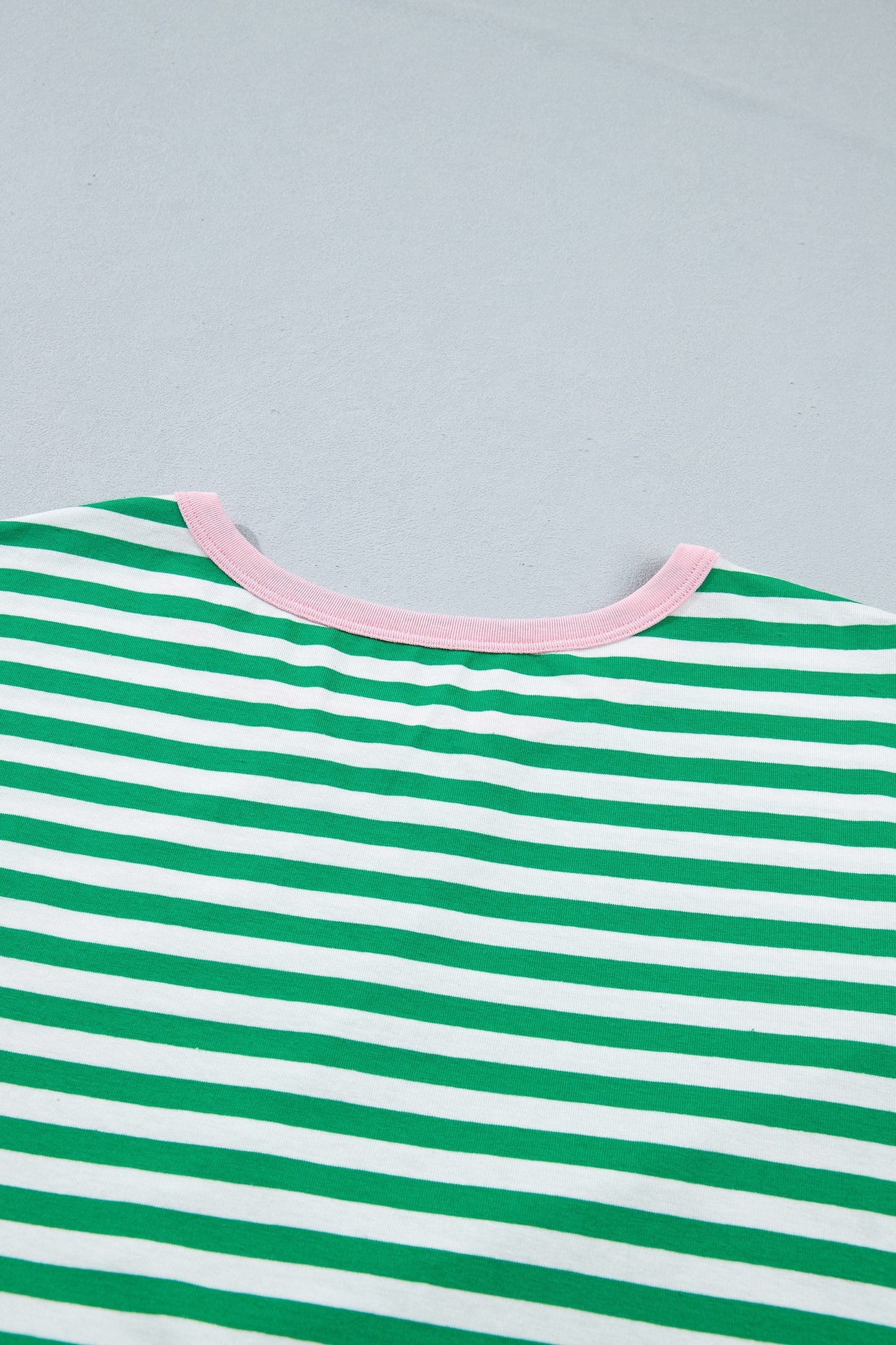 Green and White Striped Tie Waist T-Shirt Dress for Women | Casual Pink Trim Summer Mini Dress